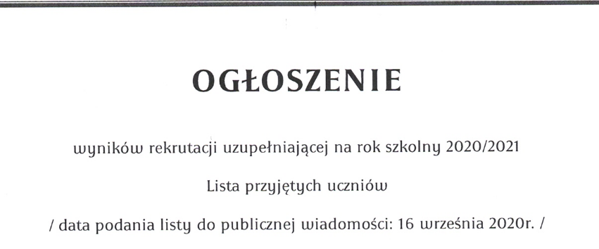 Wyniki rekrutacji uzupełniającej na rok szkolny 2020/2021