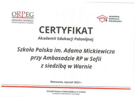 Certyfikat Akademii Edukacji Polonijnej