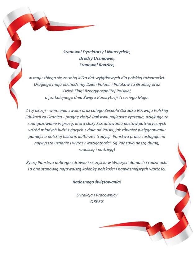 Życzenia majowe Dyrektor ORPEG Pani Justyny Kralisz