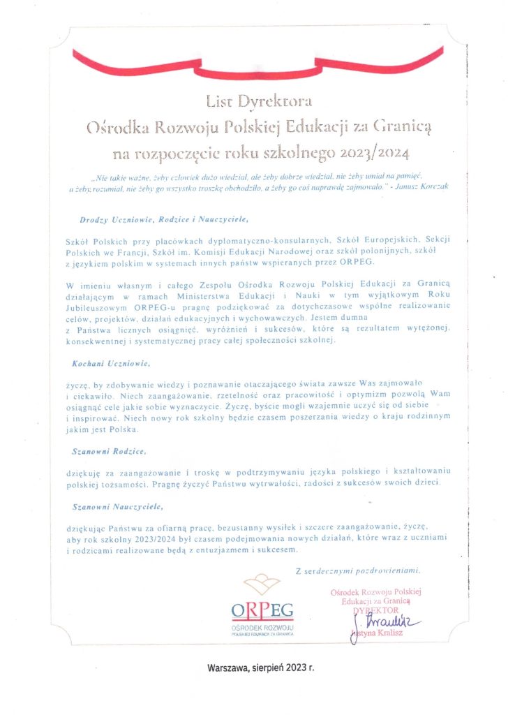 List Dyrektora ORPEG Pani Justyny Kralisz na rozpoczęcie roku szkolnego 2023/2024